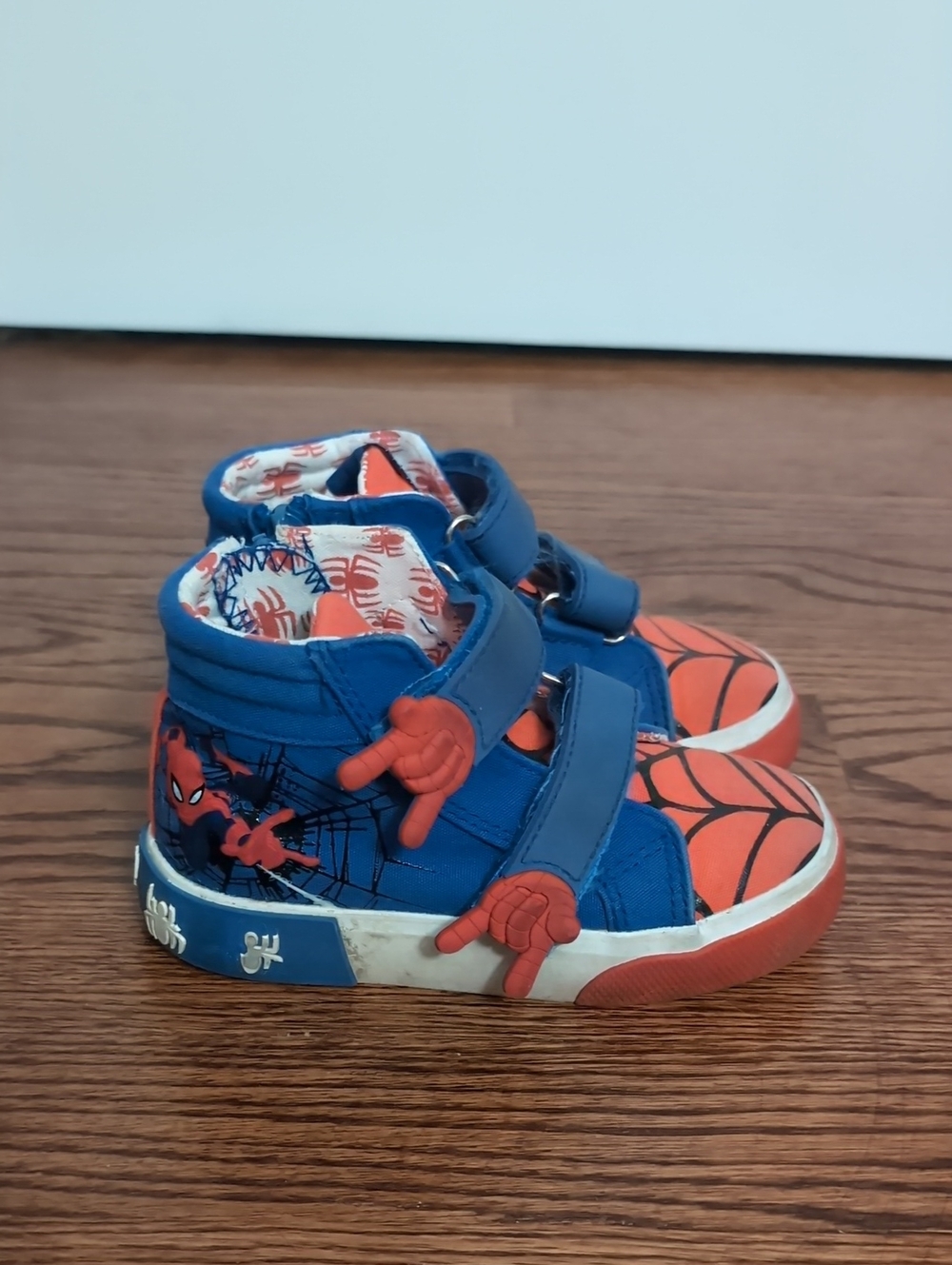 Kids Blue and Red Spider-Themed High-Top Sneakers
